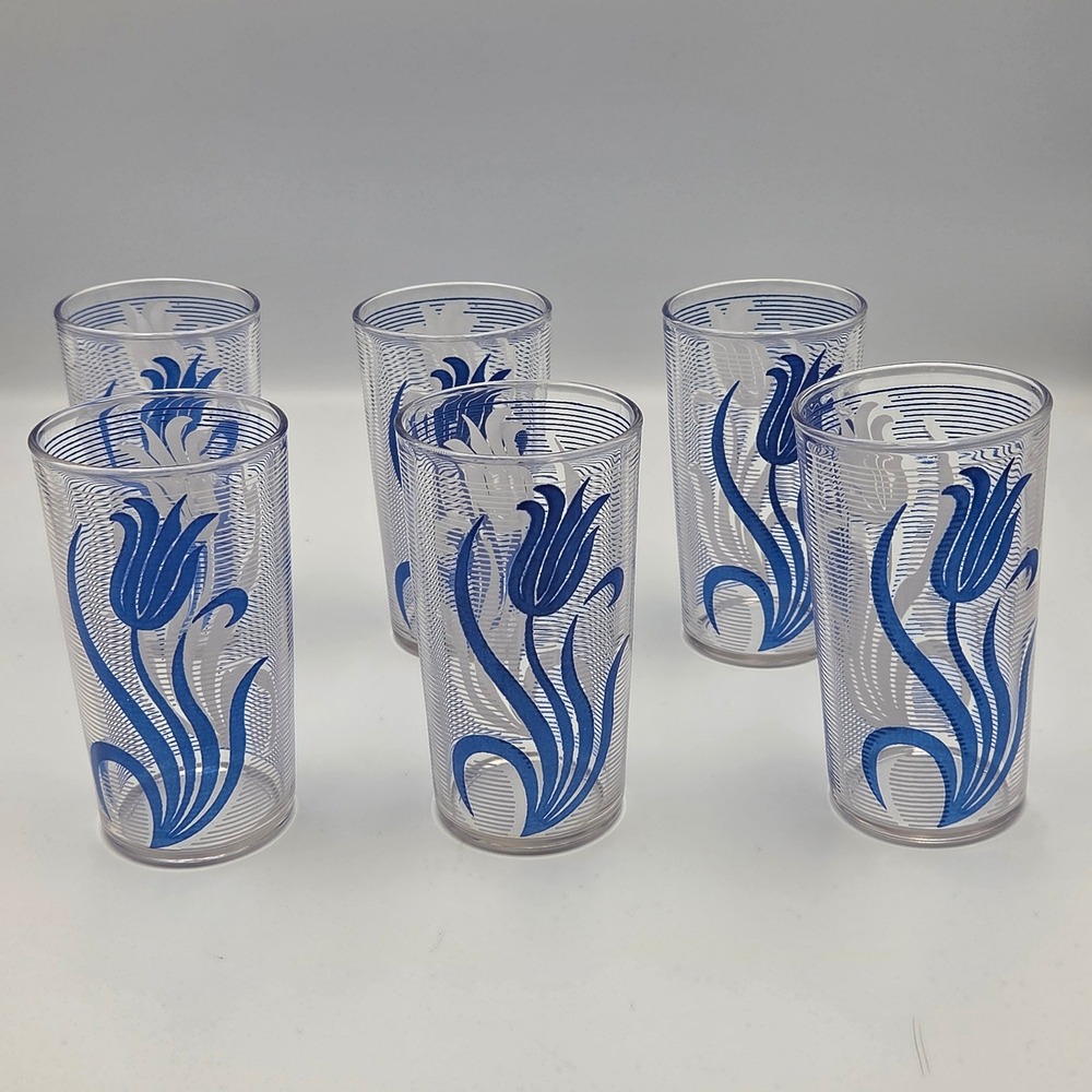 Unbranded Tulip Tumbler Glasses Set of 6 Blue White Floral Vintage Style 10oz